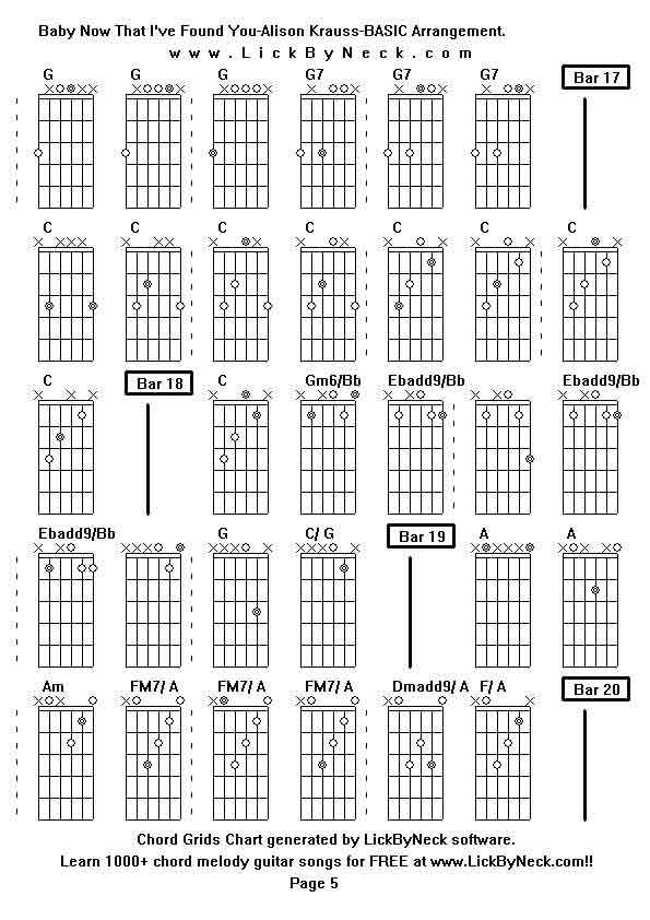 Chord Grids Chart of chord melody fingerstyle guitar song-Baby Now That I've Found You-Alison Krauss-BASIC Arrangement,generated by LickByNeck software.